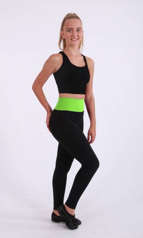 LAURA TIGHTS - BLACK WITH WIDE TAPERED BAND - Black + Neon Green Band